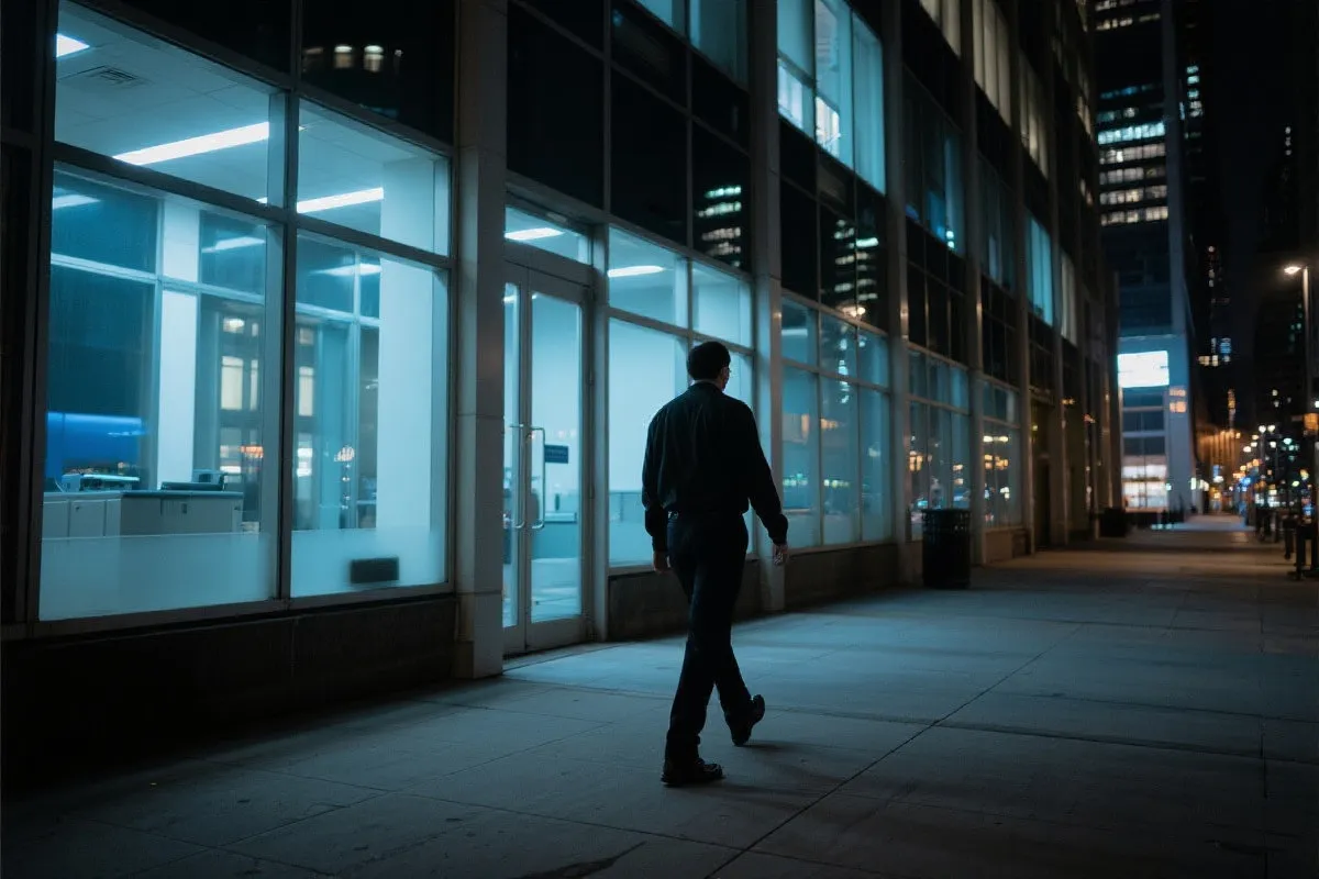 夜班后回到办公楼的身影，城市灯光下的沉稳与克制